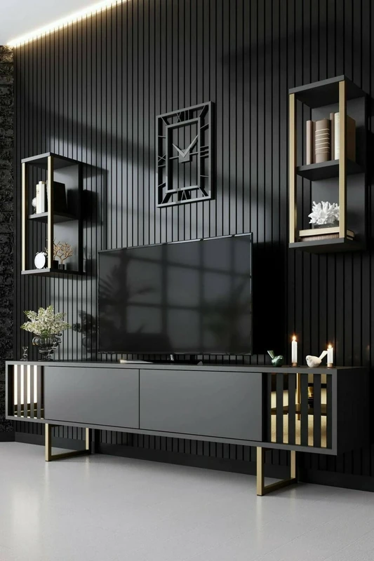 Dmora Eunomia TV Stand, Living Room Sideboard, Low Cabinet for TV, Equipped Wall Base, 180 x 30 x 48 cm, Anthracite and Gold