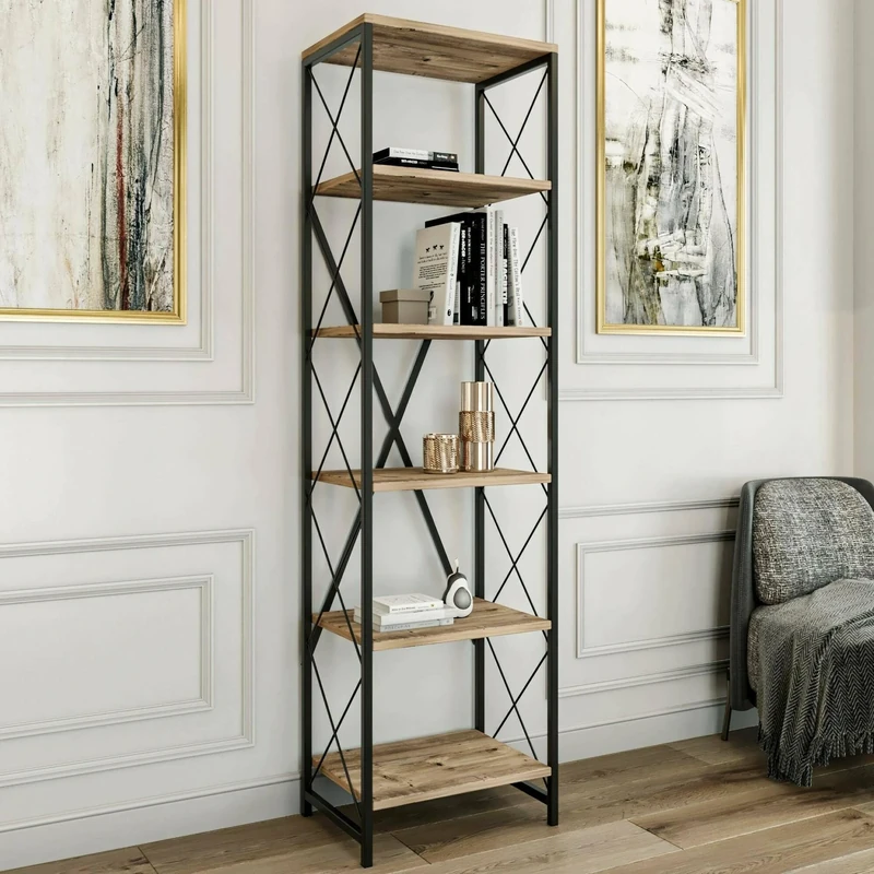 Dmora Yildun Bookcase, Office Shelf, Bookcase, Library, 50 x 30 x 180 cm, Oak and Black