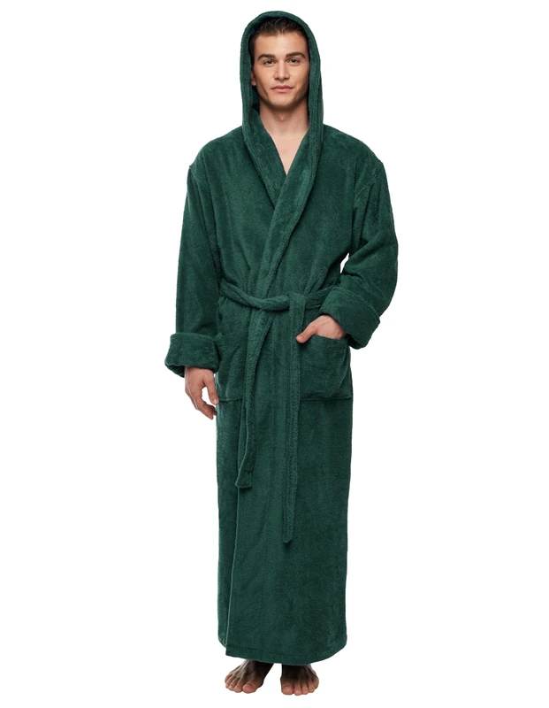 Arus Men's Hood'n Full Ankle Length Hooded Turkish Cotton Bathrobe, Dark Green, Large