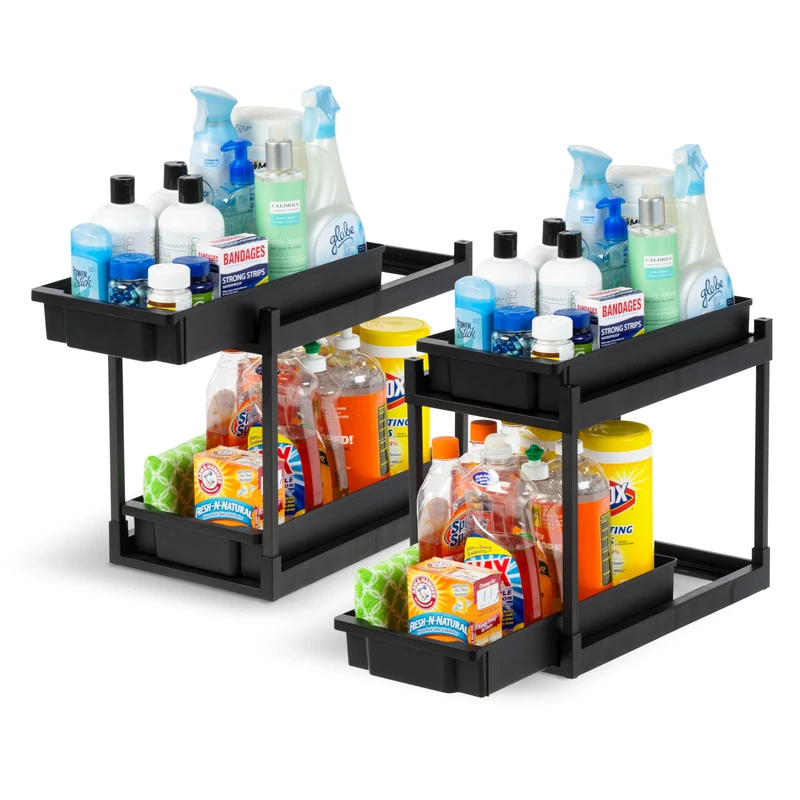 IRIS USA 2-Tier Under Sink Organizer, 2 Pack, Storage with Sliding Drawers - Versatile Solution for Office, Kitchen or Bathroom - Black - Image 1