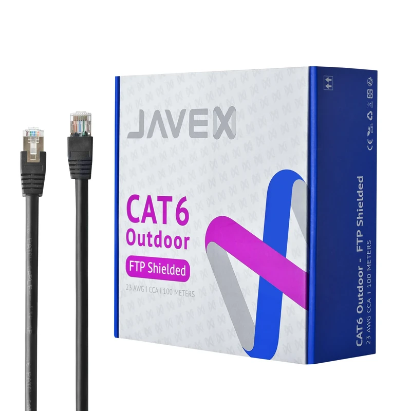 JAVEX Cat6 FTP Outdoor Ethernet Cable, 23AWG CCA Patch Cord, 100m, Black - Image 1