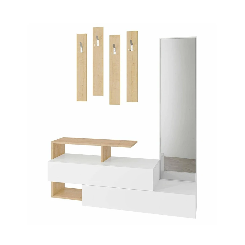 Dmora Himalia Entrance Cabinet, Coat Rack, Composition for Lobby, Multifunctional Storage Console, 137 x 35 x 55 cm, White and Oak