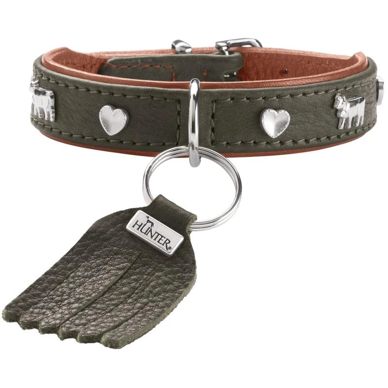 HUNTER Munich Mini Dog Collar Colour: Green/Cognac for Small Dogs and Puppies, Leather, Elegant Costume Details, Soft and Robust, Fur-Friendly, Luxurious, Sustainable, Made in Germany, Size: 27