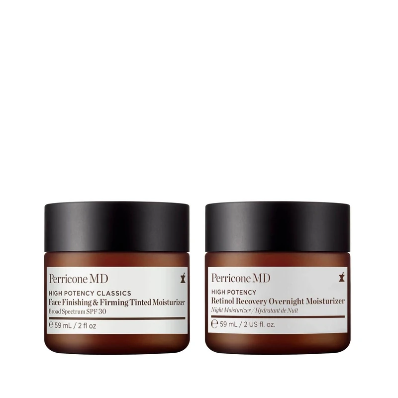Perricone MD Tinted Moisturiser SPF 30 + Retinol Recovery Overnight Moisturizer | Anti-Aging Day & Night Skincare Bundle | Hydrating Firming Face Cream with Retinol