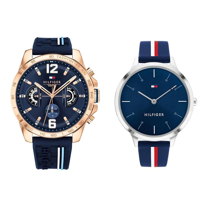 Tommy Hilfiger Analogue Multifunction Quartz Watch for Men with Navy Blue Silicone Bracelet - 1791474 & Analogue Quartz Watch for Women with Red Silicone Bracelet - 1782499