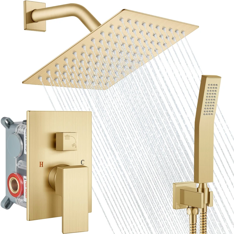 Midanya Rain Shower System Square Rain Shower Head Wall Mounted Shower Faucet Set with Hand Sprayer with Coarse Valve Mixer Tap Combo Set 8" Square Knob Brushed Gold