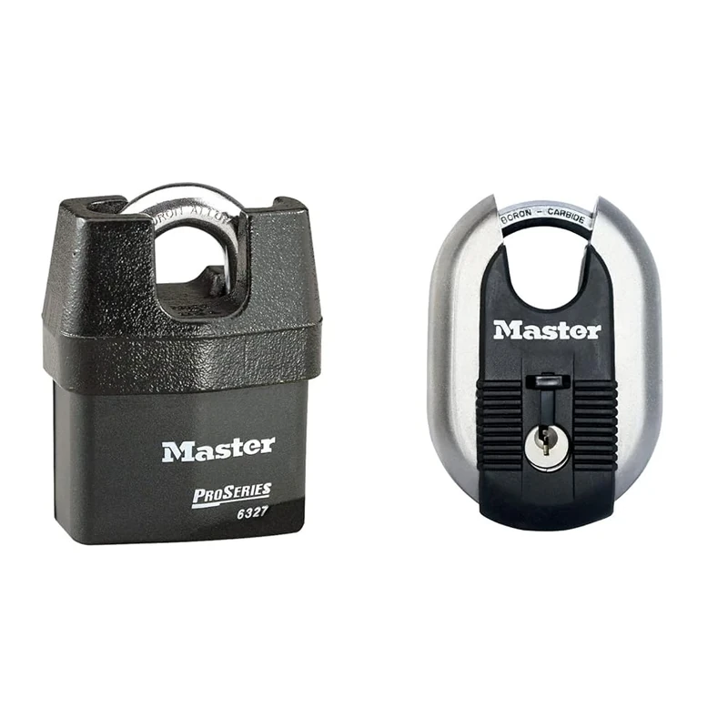 MASTER LOCK Heavy Duty Weatherproof Padlock [CEN Insurance Approved] & Heavy Duty Disc Padlock, Security Level 9/10, Outdoor, Keyed, Stainless Steel Titanium Reinforced, Closed Shackle