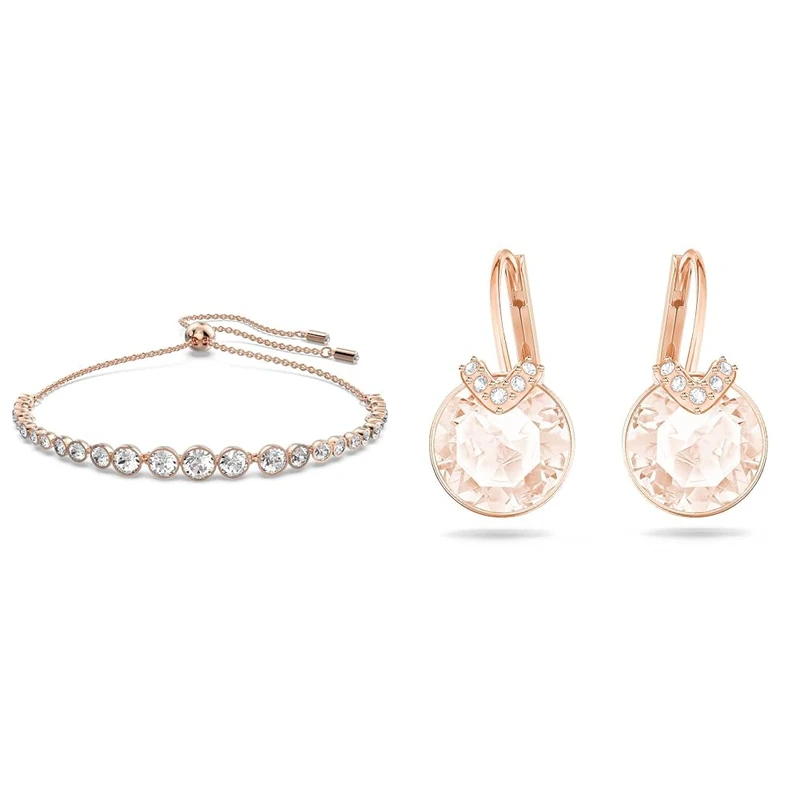 Swarovski Emily Bracelet, White Round Cut Crystals in a Rose Gold Tone Plated Setting, from the Emily Collection & Bella V drop earrings, Round cut, Pink, Rose gold-tone plated