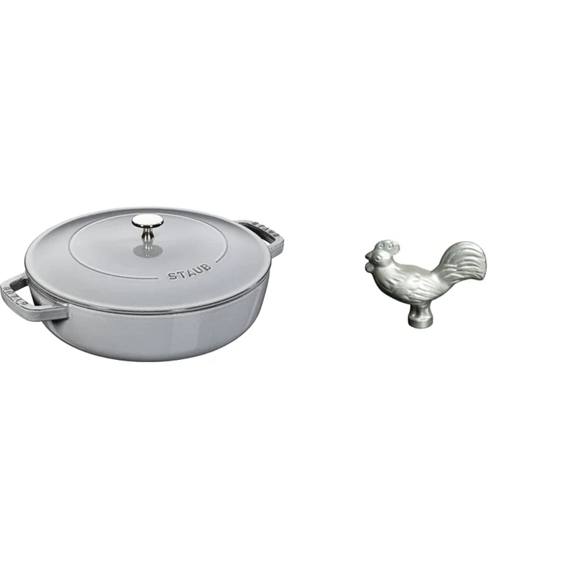 STAUB Cast Iron Chistera, Grey, 24 cm & 40509-346-0 Rooster Lid Knob, Cast Iron, Silver