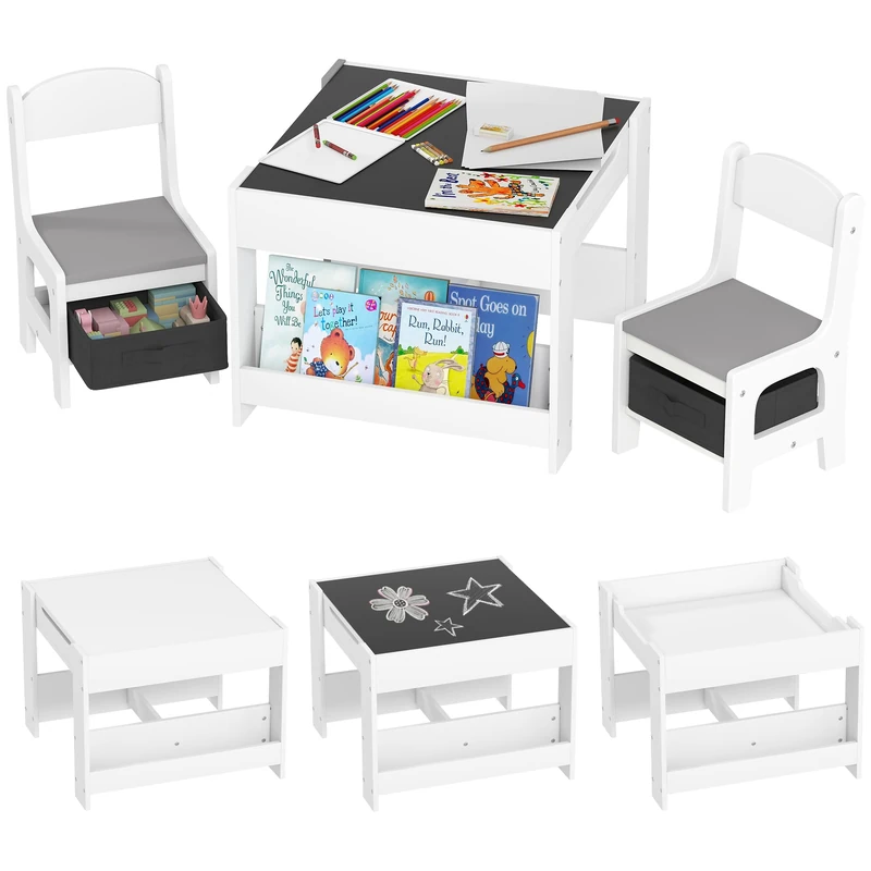HOMCOM 3 Piece Kids Table and Chair Set, 3 in 1 Design Kids Desk and Chair Set with Blackboard, Storage, Bookshelves, for Nursery, Playroom, Classroom - Grey