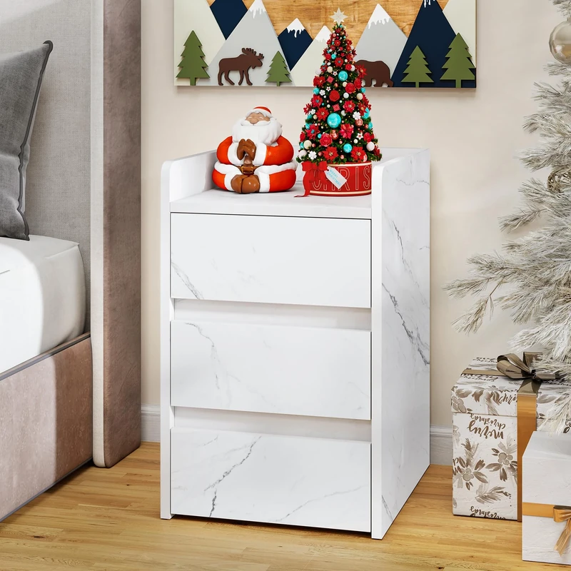 YITAHOME Bedside Table with 3 Drawers and Power Station, Modern Nightstand End Table, Water-Resistant Storage Side Table for Living Room and Bedroom, 35 x 40 x 59cm (Marble White)