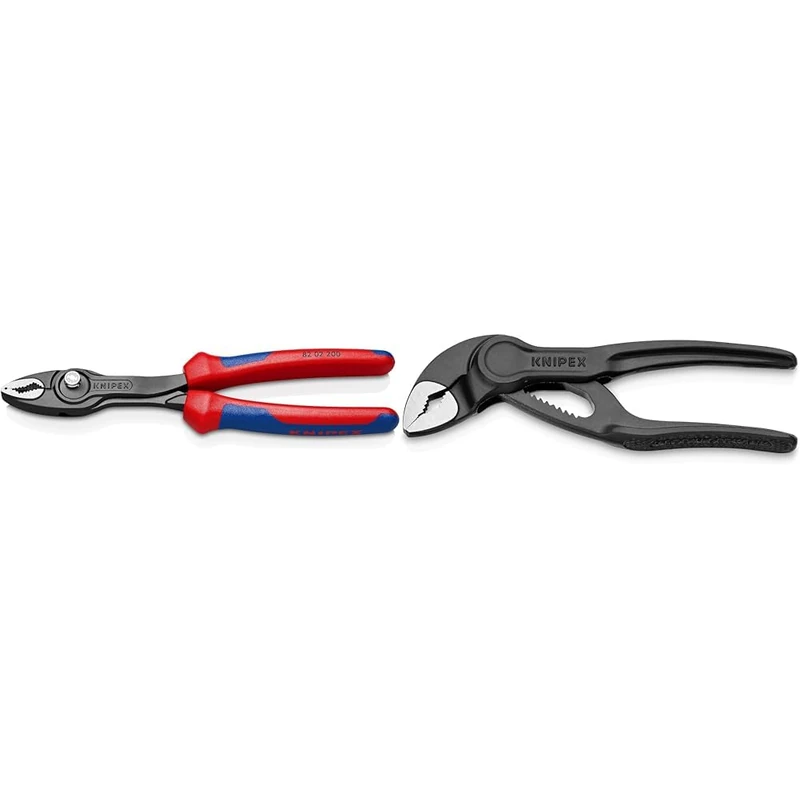 Knipex TwinGrip Slip Joint Pliers Black atramentized, with Multi-Component Grips 200 mm 82 02 200 & Cobra® XS Water Pump Pliers Grey atramentized, Embossed, Rough Surface 100 mm 87 00 100