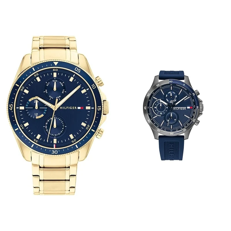 Tommy Hilfiger Analogue Multifunction Quartz Watch for men with Gold colored Stainless Steel bracelet - 1791834 & Analogue Multifunction Quartz Watch for Men with Navy Blue Silicone Bracelet - 1791721