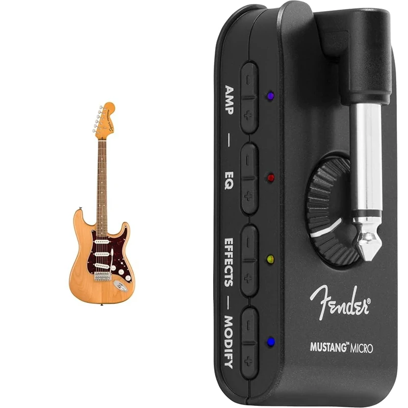 Squier by Fender Classic Vibe '70s Stratocaster, Electric Guitar, Laurel Fingerboard, Natural & Mustang Micro Amplifier - The Ultimate All-In-One Personal Headphone Amplifier