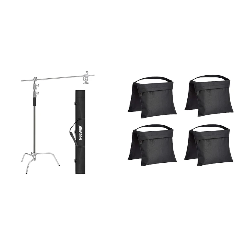 NEEWER 10 Feet/3 Meters C-Stand Light Stand with 4 Feet/1.2 Meters & Amazon Basics Photographic Empty Sandbag For Light Stands, 4 pack, Black