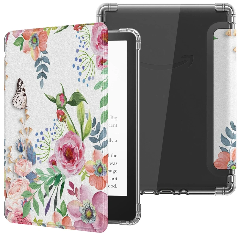 MoKo Case for 6.8" Kindle Paperwhite 11th Generation 2021&Kindle Paperwhite Signature Edition, Ultra Clear Soft Flexible Transparent TPU Back Cover Light Shell with Auto Wake/Sleep, Fragrant Flowers