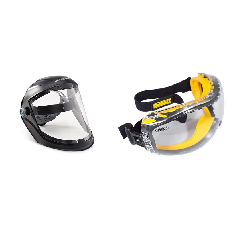 Jackson Safety 14201 Maxview Face shield/Face guard anti-fog coating, visor face protection and ratcheting headgear, Black & DEWALT GOGGLE Concealer Clear Goggle DPG82-11D
