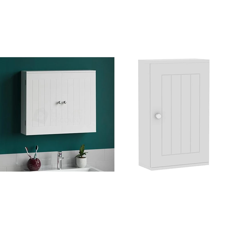 Bath Vida Double Door Wall Mounted Bathroom Cabinet, Wood, White & Priano Bathroom Cabinet Single Wall Mounted Storage Cupboard Shelf, White