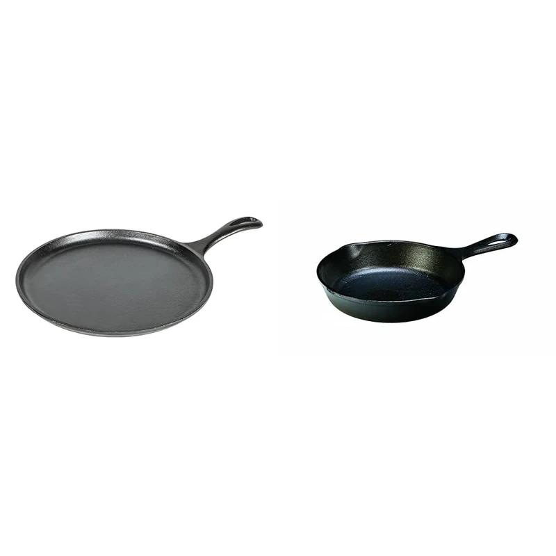 Lodge L9OG3 26.67 cm / 10.5 inch Pre-Seasoned Cast Iron Round Griddle/Pancake Pan, Black & L3SK3 Round Skillet with Handle, 16.5 x 3.1 cm, Black