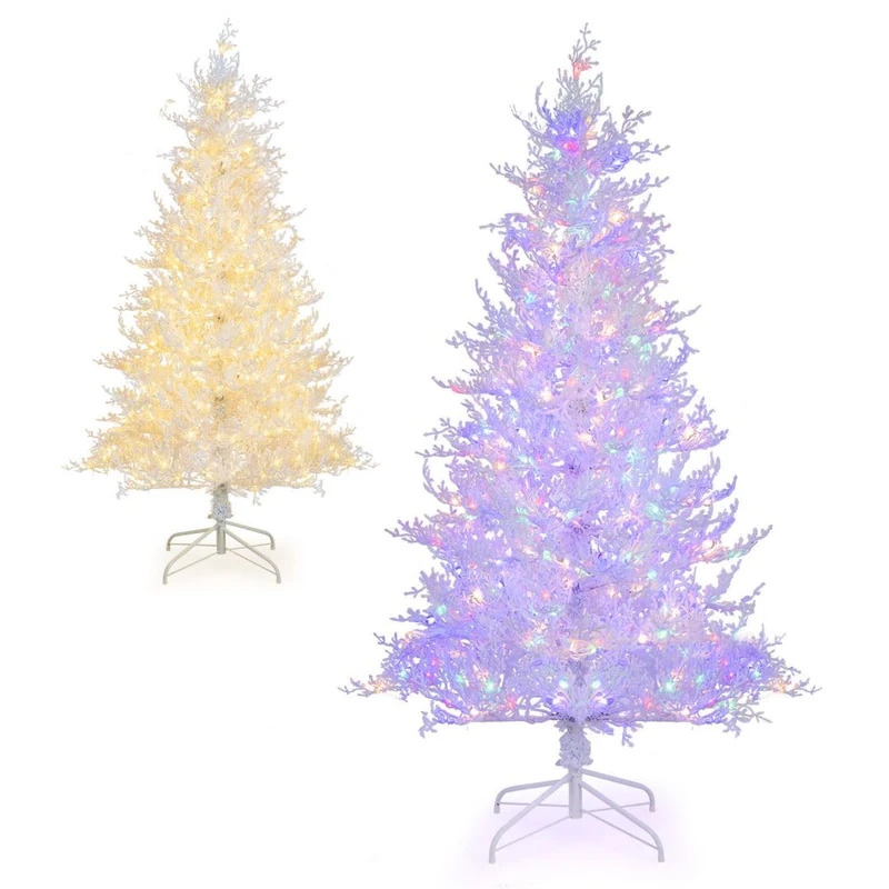 GYMAX 6FT Pre-lit Christmas Tree, Hinged Artificial Xmas Tree with 383 Snow Flocked Branch Tips, 300 Warm White & LED Lights, 11 Dynamic Modes & Timer, Holiday Decoration Tree for Home Party