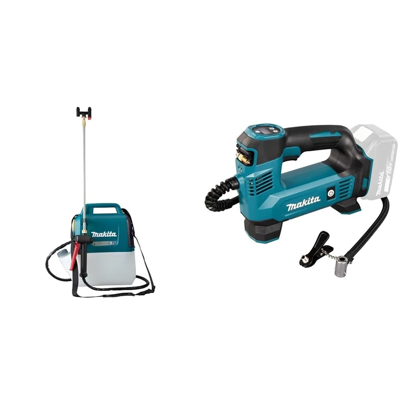 Makita DUS054Z 18V Li-ion LXT 5 Litre Garden Sprayer – Batteries and Charger Not Included & DMP180Z 18V Li-ion LXT Inflator - Batteries and Charger Not Included, Blue/Silver, M