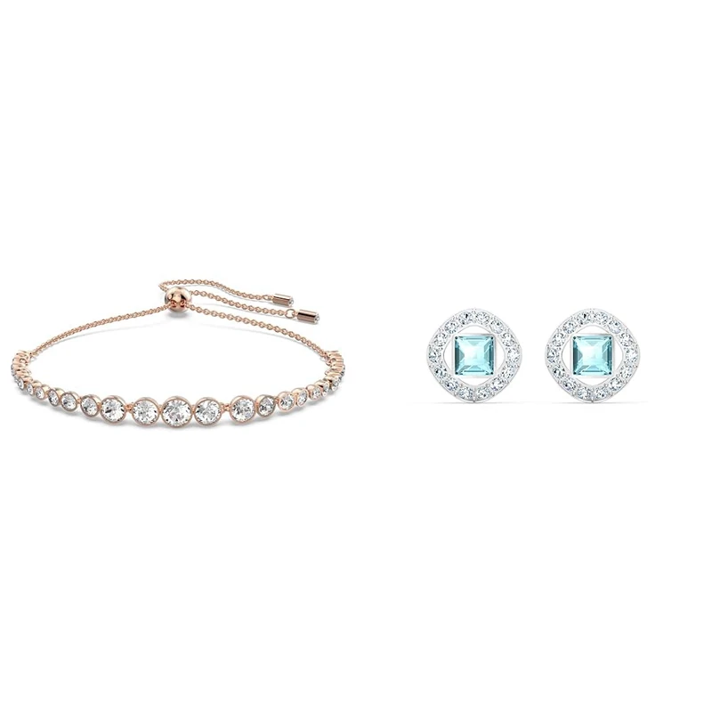 Swarovski Emily Bracelet, White Round Cut Crystals in a Rose Gold Tone Plated & Angelic Square Stud Pierced Earrings, Aqua, Rhodium plated, Angelic Square Collection