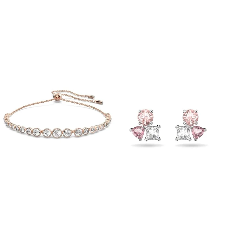 Swarovski Emily Bracelet, White Round Cut Crystals in a Rose Gold Tone Plated Setting, from the Emily Collection & Attract earrings, Multicoloured, Rhodium plated