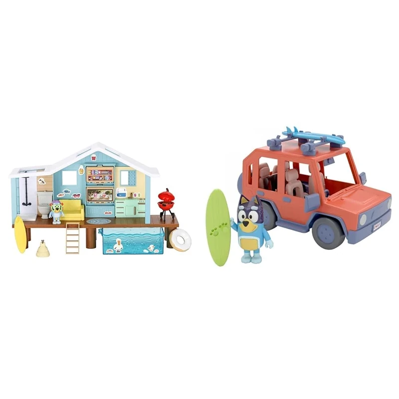 Bluey Beach Cabin Playset, With Exclusive Figure With Goggles. & 4WD Family Vehicle, with 1 Figure and 2 Surfboards Customizable Car - Adventure Time for Ages 3+