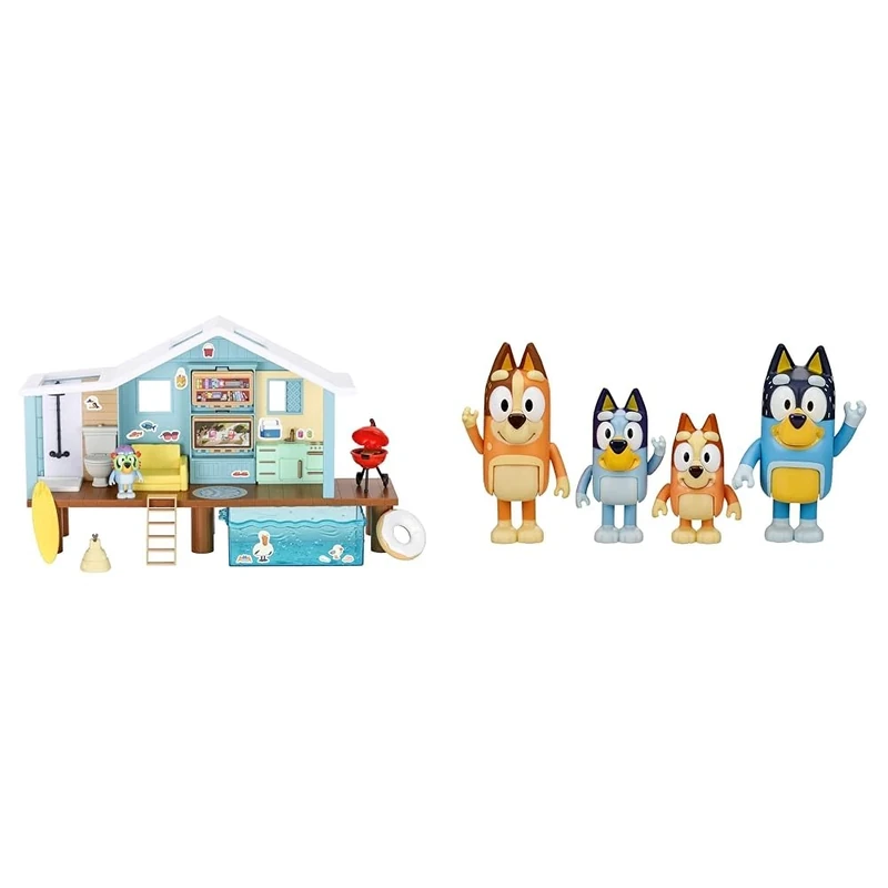 Bluey Beach Cabin Playset, With Exclusive Figure With Goggles. & and Family: Bingo, Bandit and Chilli 4 Figure pack Articulated Character Action Figures 2.5 inches Official Collectable Toy