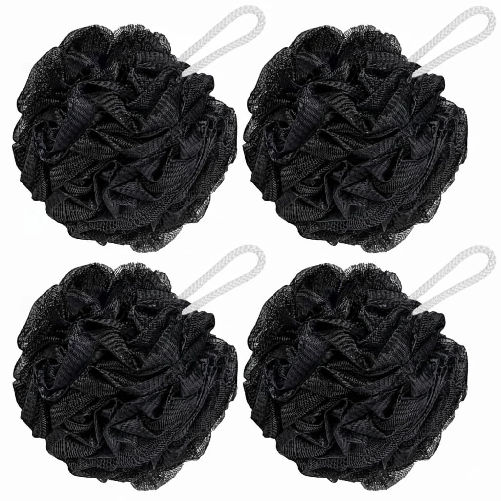 Loofah Sponge Shower Puff – 4 Pack Black Mesh Bath Sponges & Body Scrubbers | Exfoliating Shower Poufs for Men & Women, Durable Bath Puffs for Rich Lather & Gentle Cleaning
