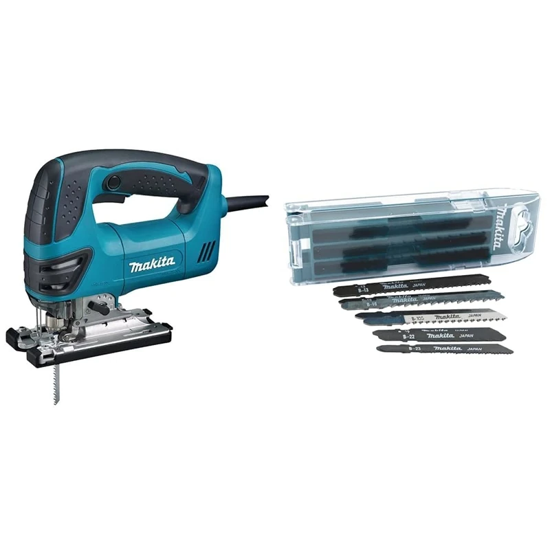 Makita 4350FCT 240V 720W Orbital Action Jigsaw Blue/Black 23.6 x 7.3 x 20.7 cm & B-44410 Jigsaw Blade Pack A - Multi-Colour