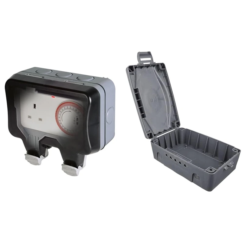 BG Electrical WP23TM24, White, 2 & Masterplug WBX-MS Weatherproof Electric Box for Outdoors, 345 x 220 x 126.5 mm, Grey