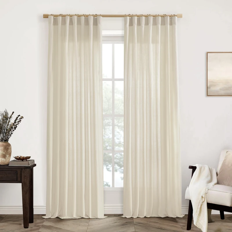 XTMYI Beige 105 Inches Long Country Curtains for Living Room,Sheer Linen Curtains for Bedroom