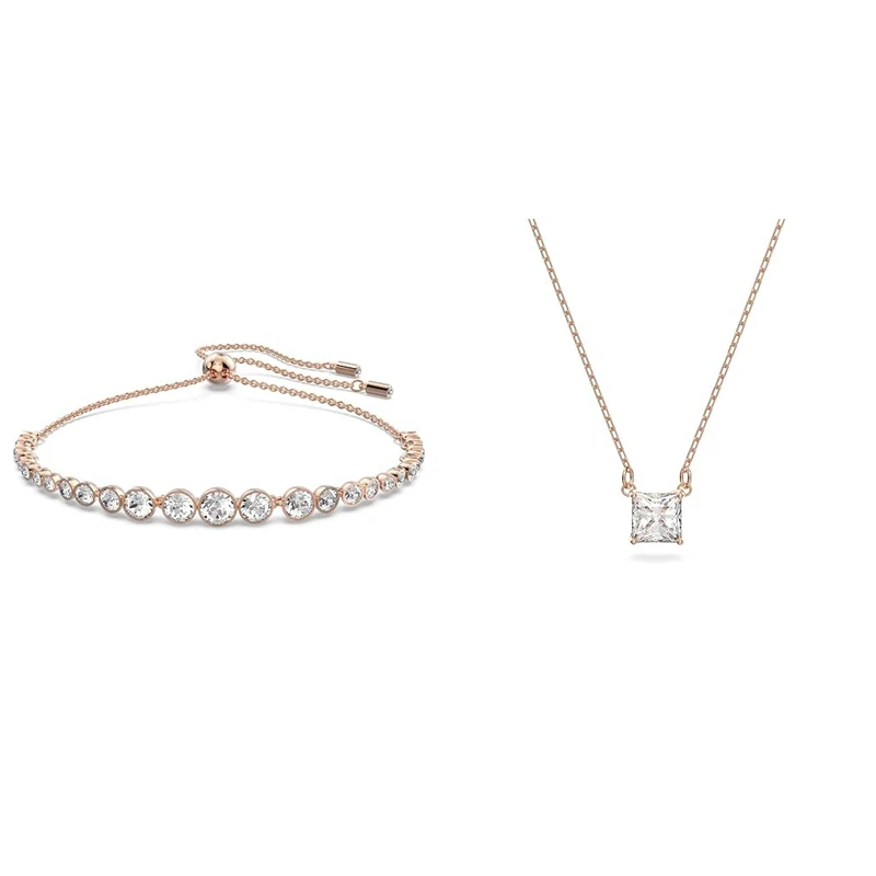 Swarovski Emily Bracelet, White Round Cut Crystals in a Rose Gold Tone Plated Setting, from the Emily Collection & Attract necklace, Square, White, Rose gold-tone plated