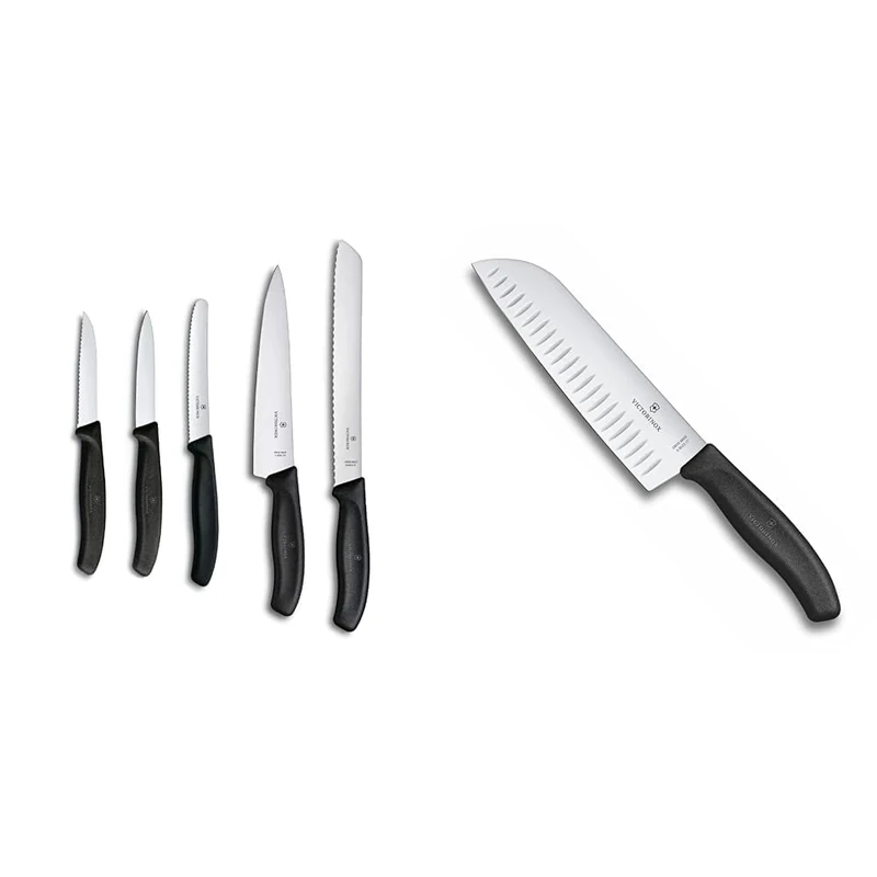 Victorinox Swiss Classic Kitchen Set, 5 Pieces, Black & 17 cm Swiss Classic Fluted Edge Santoku Knife in Blister Pack, Black