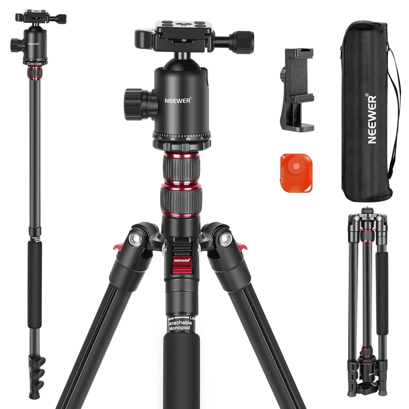 NEEWER 77” Camera Tripod Monopod with Phone Holder, Portable Travel Tripod with Remote, 360° Ball Head, 2 Axis Center Column, Arca QR Plate and Bag, Aluminum DSLR Stand 34lb Max Load, TP77