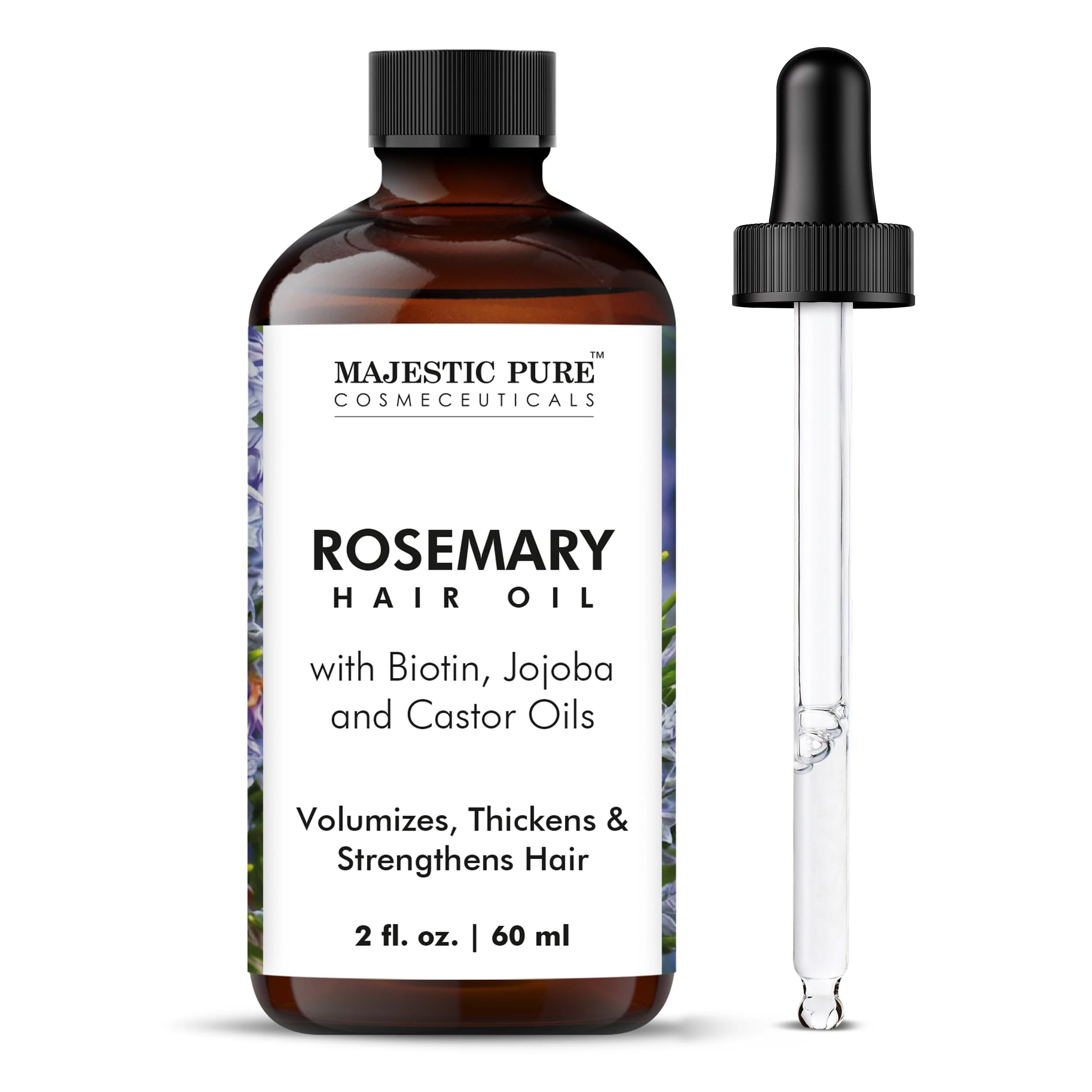 MAJESTIC PURE 100% Pure Rosemary Oil For Hair Growth Infused With Biotin | Hair Strenghtening Treatment | Nourishing & Volumizing | With Jojoba Oil & Castor Oil | Non GMO Verified | 2fl oz