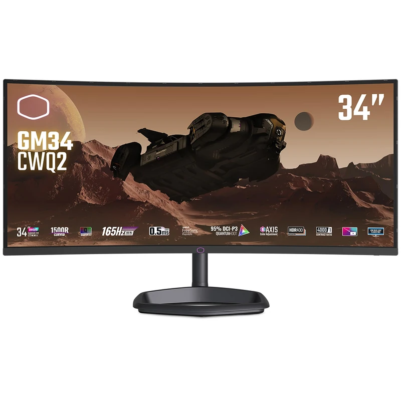 Cooler Master GM34-CWQ2 34" Curved Gaming Monitor - 1500R UWQHD (3440x1440), 165Hz, 0.5ms MPRT, VA Panel, FreeSync Premium, 95% DCI-P3 Quantum Dot, HDR 400, 3-Way Stand, DP 1.4, HDMI 2.0, USB Type-C - Image 1