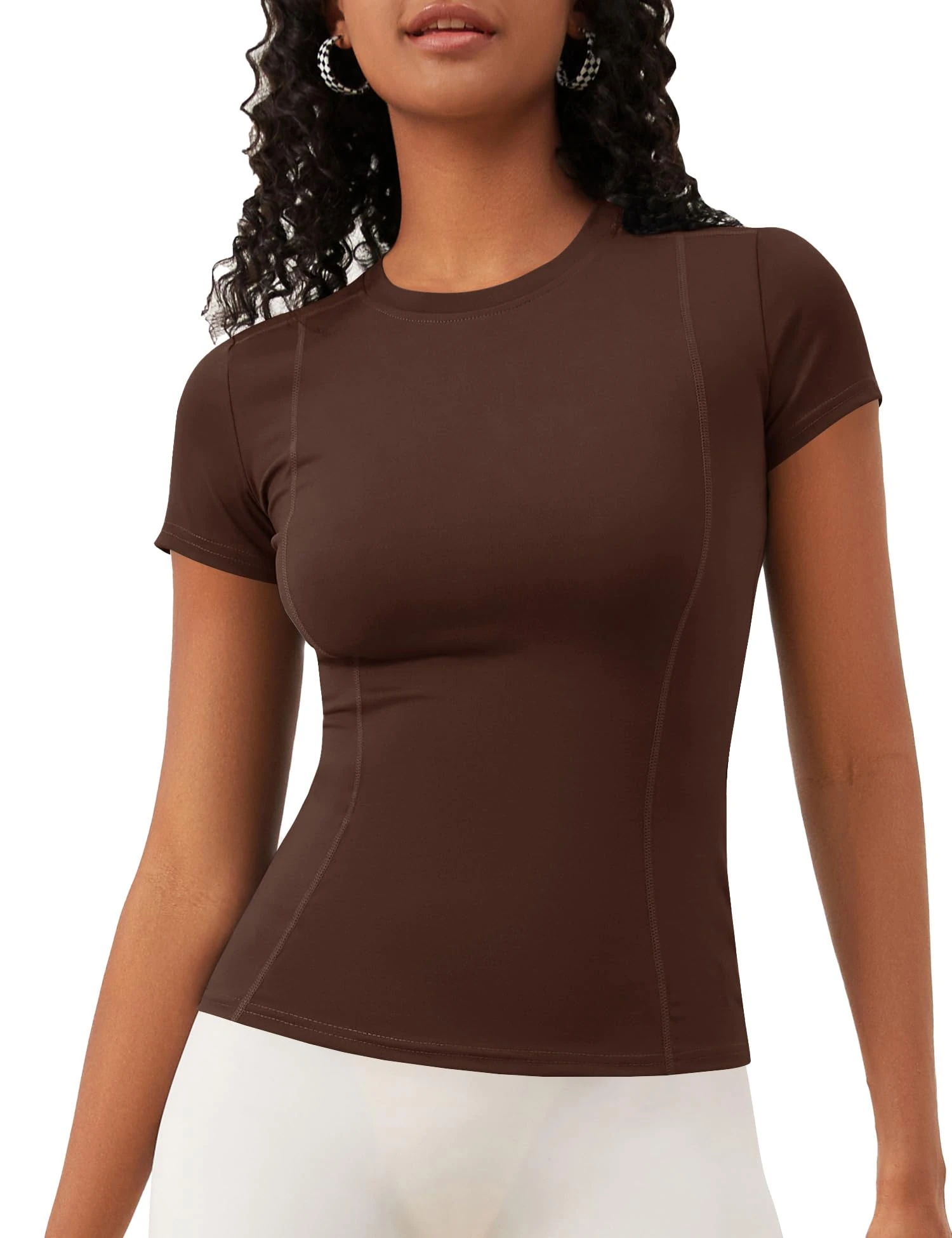 IECCP Women's Short Sleeve Shirts Classic Fit Sports Workout Tops Athletic T-Shirt Casual Running Gym Sports Tops Basic Summer Fitness Gym T Shirt Dark Brown S