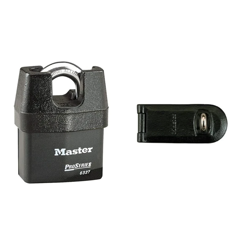 MASTER LOCK Heavy Duty Weatherproof Padlock [CEN Insurance Approved] & 723EURD Heavy Duty Outdoor Door Padlock Hasp, 14 x 6 cm