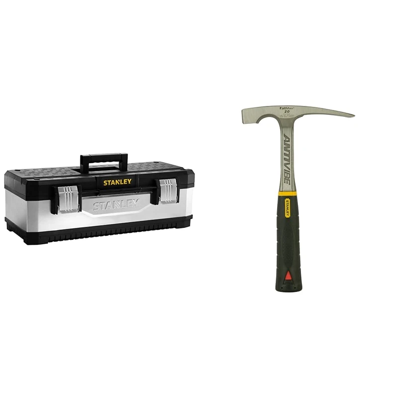 STANLEY Galvanised Toolbox Chest with Heavy Duty Metal Hinge, Portable Tote Tray for Tools and Small Parts, 26 Inch, 1-95-620 & 1-54-022 FatMax AntiVibe Brick Hammer, 20 oz, Black/Silver