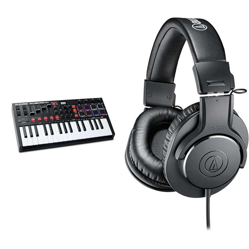 M-Audio Oxygen Pro Mini – 32 Key USB MIDI Keyboard Controller With Beat Pads & Audio-Technica M20x Professional Monitor Headphones Black