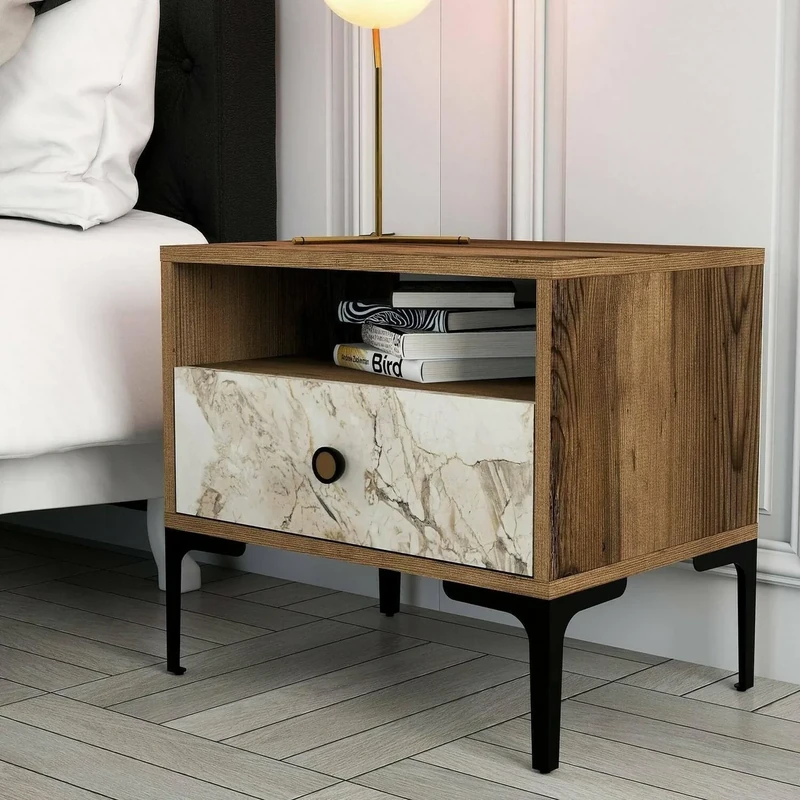 Dmora Seraph Bedside Table, Low Chest, Night Table, Bed Shelf, 56 x 40 x 51 cm, Walnut and White Marble