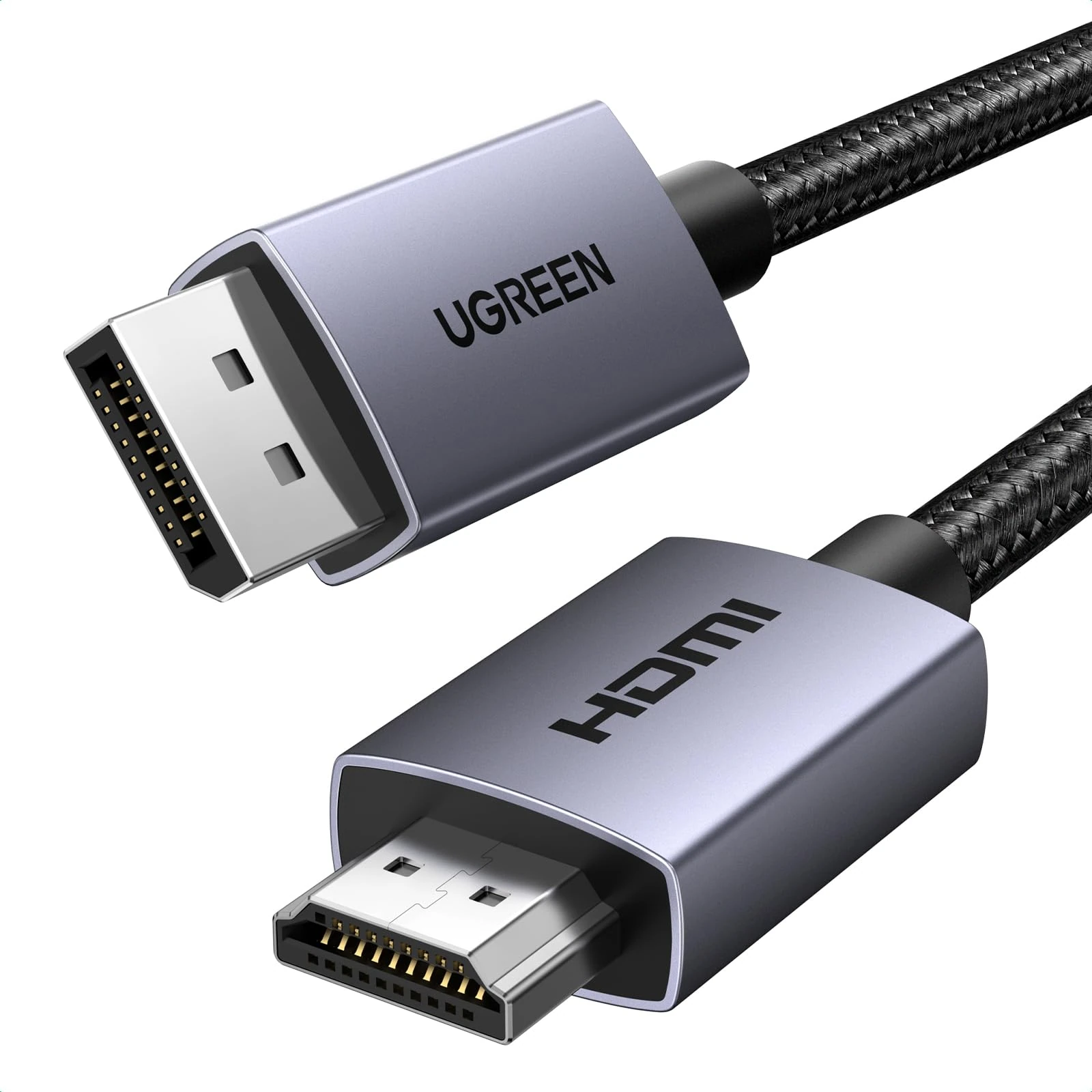 UGREEN 4K Displayport to HDMI Cable 6.6FT Uni-Directional Braided DP to HDMI Lead Aluminium Male to Male Multi-Screen Gaming Compatible with Monitor, Projector, HDTV, Dell Laptop, HP, AMD, NVIDIA (2M)