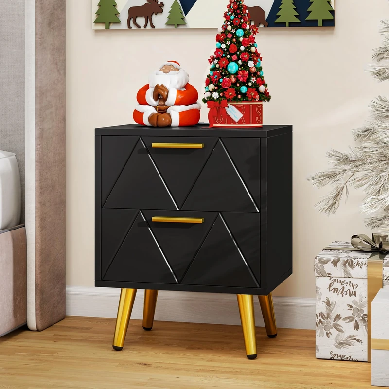 YITAHOME Bedside Table with 2 Drawers and Power Station, Modern Nightstand End Table with Gold Metal Legs and Handles, Storage Side Table for Living Room, Bedroom, 40x30x52cm (Black)