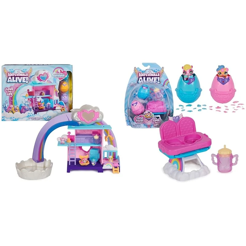 HATCHIMALS Alive, Hatchi-Nursery Playset Toy with 4 Mini Figures & Alive, Hungry Playset with Highchair Toy and 2 Mini Figures in Self-Hatching Eggs, Kids’ Toys for Girls and Boys Aged 3 and up
