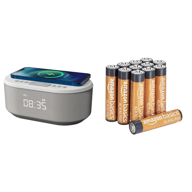 i-box Alarm Clocks Bedside, Alarm Clock with Wireless Charging & Amazon Basics AAA Alkaline Batteries, High-Performance (Triple A), 10-Year Shelf Life, 12-Pack