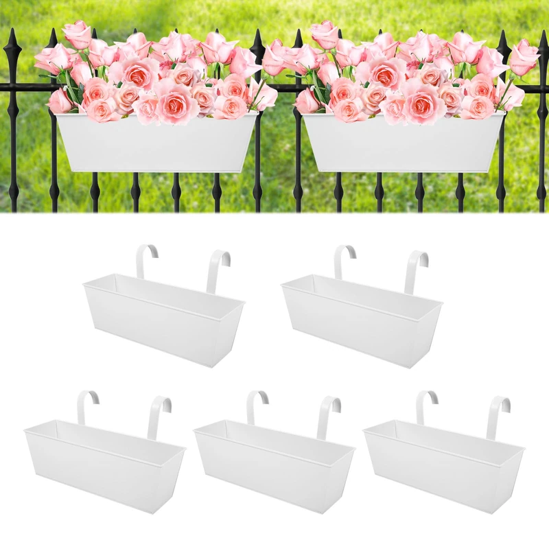 Holensun Railing Planters Outdoor Balcony 15.8 Inch Deck Over The Railing Planter Boxes Hanging Planters for Fence Flower 5 Pcs (White)