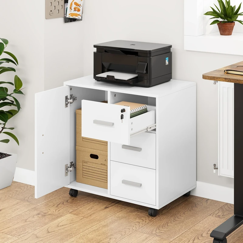 YITAHOME Mobile File Cabinet, 3-Drawer Lockable Filing Cabinets for Home Office, Printer Stand, Storage Cabinet with Drawers 1 Door 4 Wheels, Office Storage Rolling Office Cabinet, 60*40*57cm (White)