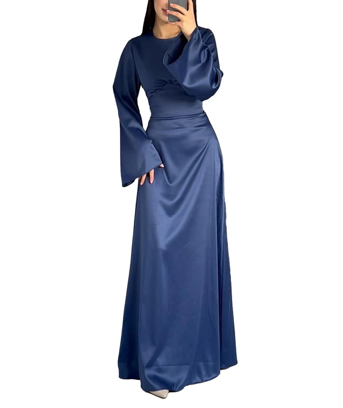 xxxiticat Women's Slip Satin Long Dress Long Sleeve Round Neck Back Lace Up Bandage Tie Wedding Party Maxi Dresses, Blue, M
